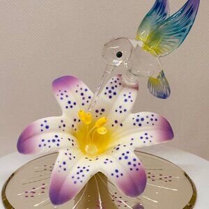 Lavender Lily with Hummingbird Glass Figurine Bird Decor